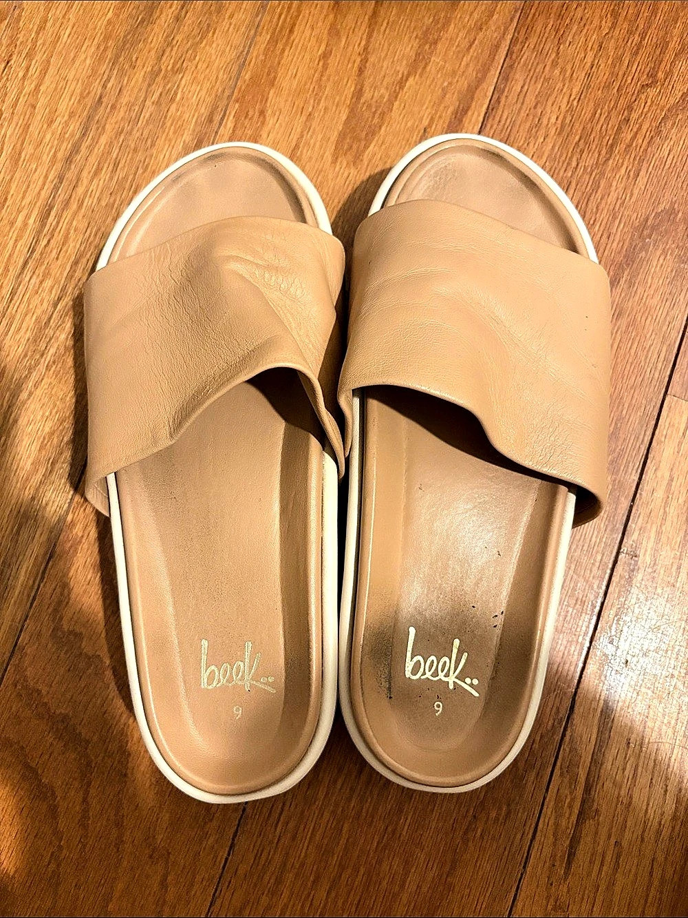 beek Pelican Leather Platform Slide Sandal Brown & White US 9
